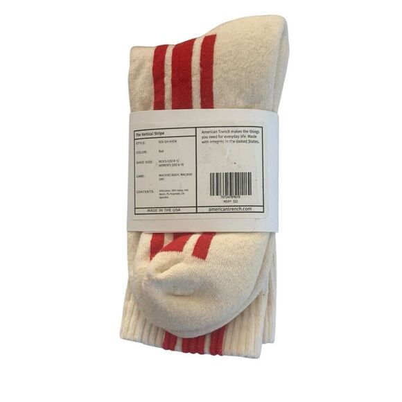 American Trench Red Vertical Nostalgic Stripe Crew Socks Unisex - Picture 3 of 6